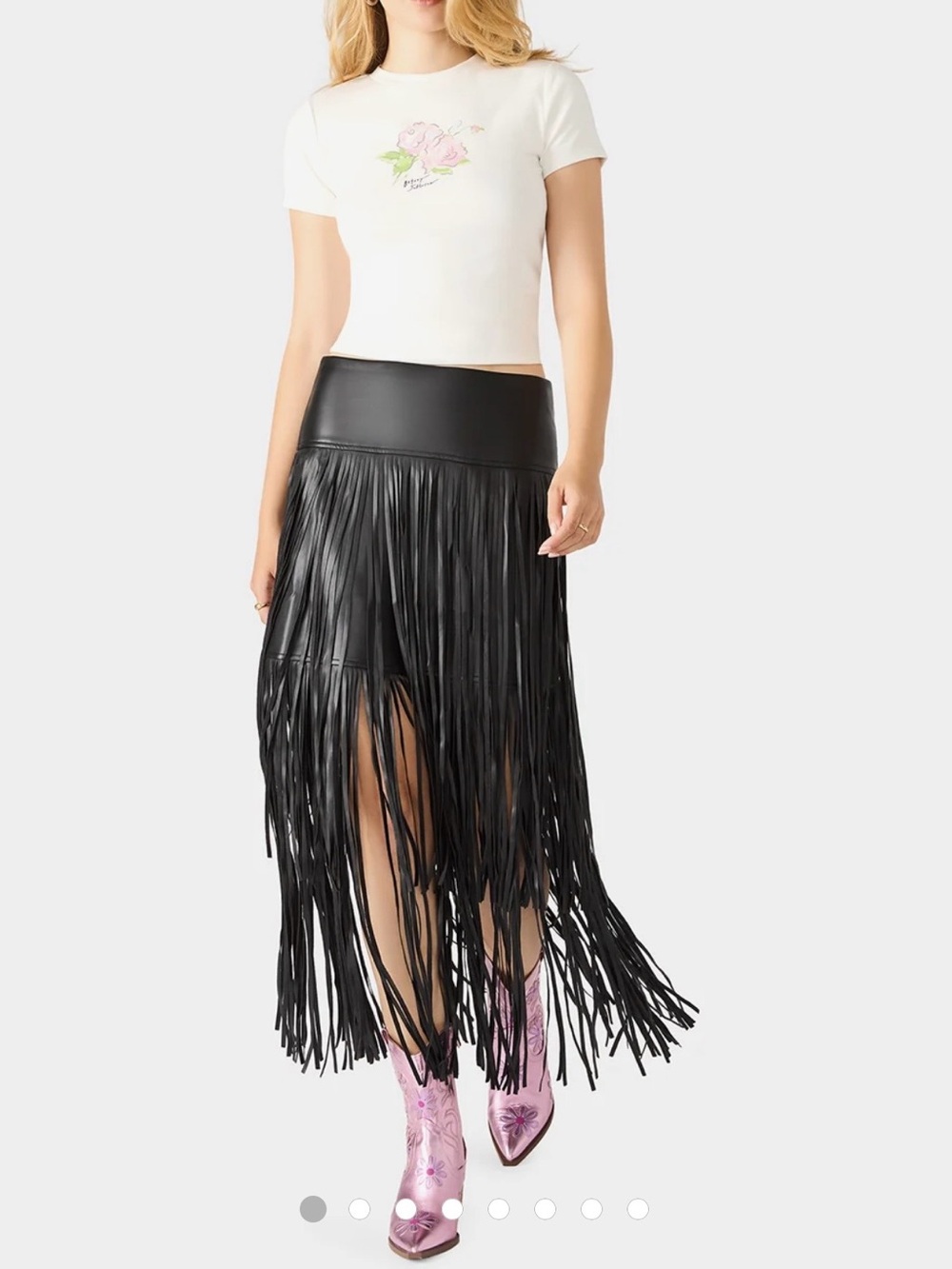 Betsey Johnson Black Faux Leather Fringe Maxi Skirt